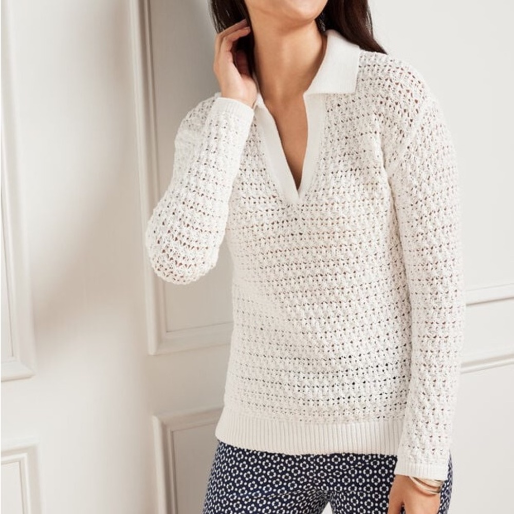 Talbots Open Stitch Johnny Collar Pullover‎ Polo Sweater White